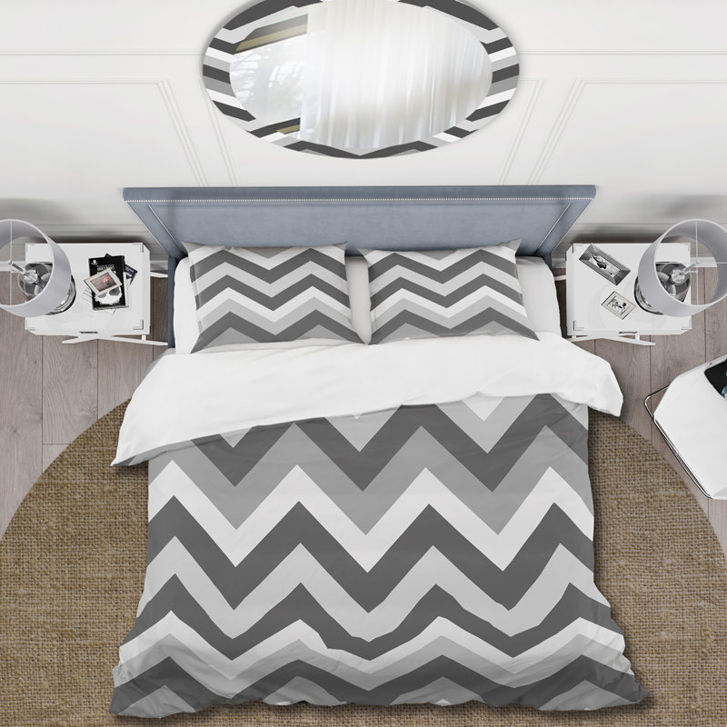 Grey Chevron Print I - Midcentury Duvet Cover Set, Twin Duvet Cover + 2 Standard Pillow Shams