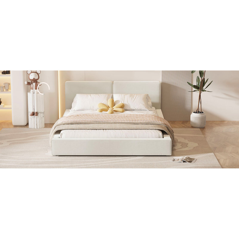 Grand lit plateforme tapissier avec velours beige, structure solide et solide pour un lit confortable en velours, Beige