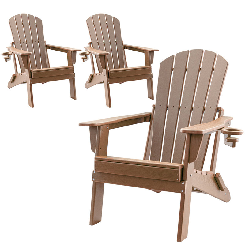 HDPE Folding Adirondack Chair With Cup Holder,Weather-Resistant, Low Maintenance,Supports Up To 400Lbs,,3Pack, Teak