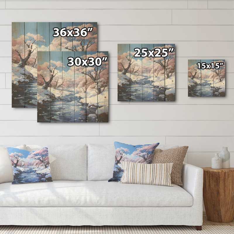 Paysage de charme de neige de rivière d'hiver - art en bois de neige sur bois de pin naturel, H 15 po x l 15 po