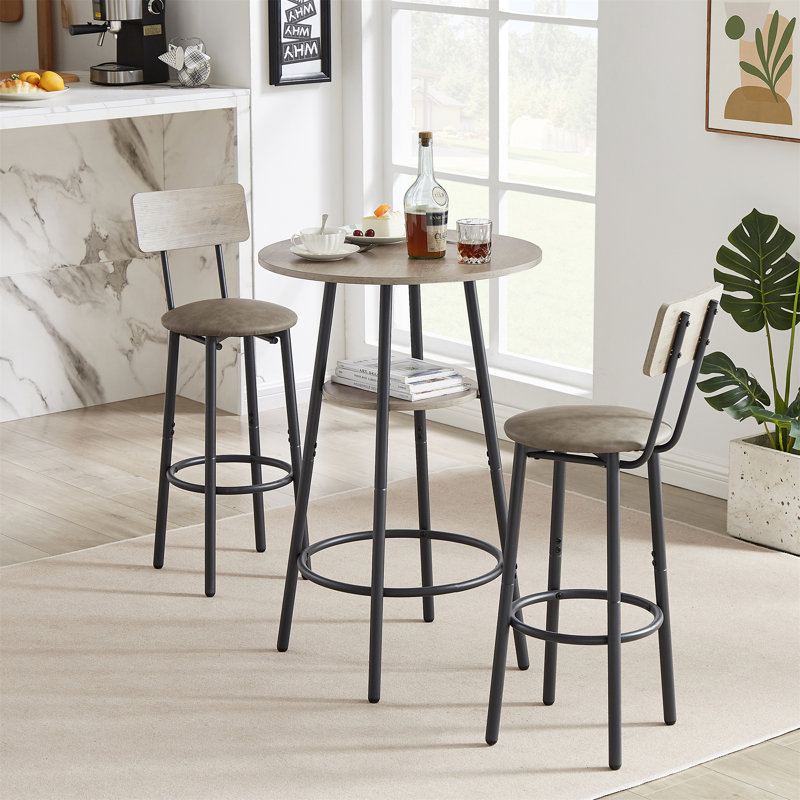 Ensemble de table ronde avec 2 tabourets de bar en polyuréthane et dossier gris