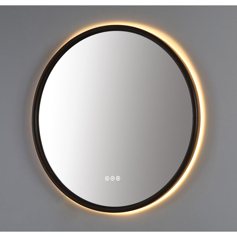 Natural Oak Veener Solid wood Dimmable Anti-fog Led Mirror, Round, 35.43" x 35.43", Chestnut