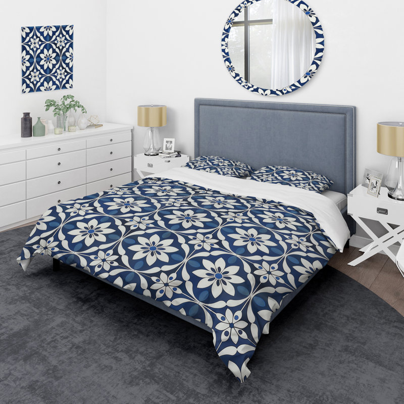 Ensemble de housse de couette transitionnel bleu et blanc Timeless Floral Geo Tile II