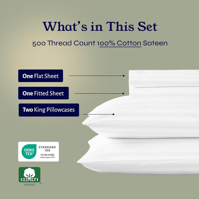Cooling 500 Thread Count 100% Cotton Bed Sheets King Size Set With Deep Pockets, Soft & Breathable Sateen, Luxury Hotel Quality Striped White Sheets