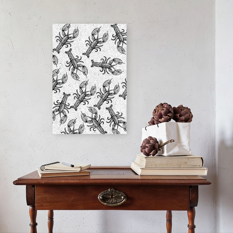 Motif de homard dessiné à la main, rétro, homard rétro, plage de l'océan, impression murale, 24" H x 16" W