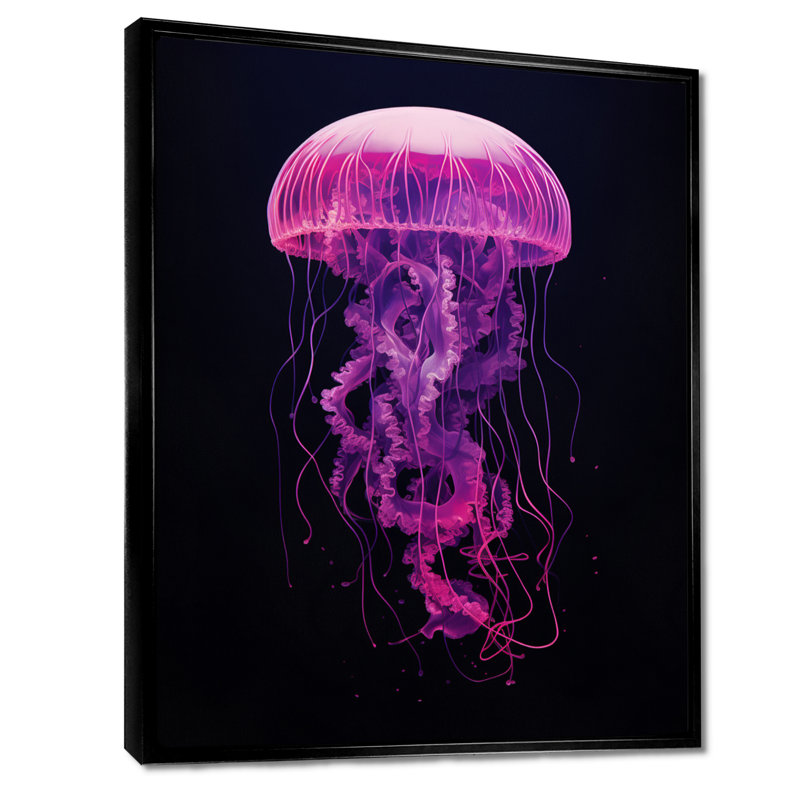 «Majestic Fuchsia Deep Sea Jellyfish I», reproduction d'art mural méduse, H 20 po x l 12 po, Toile flottante noire encadrée