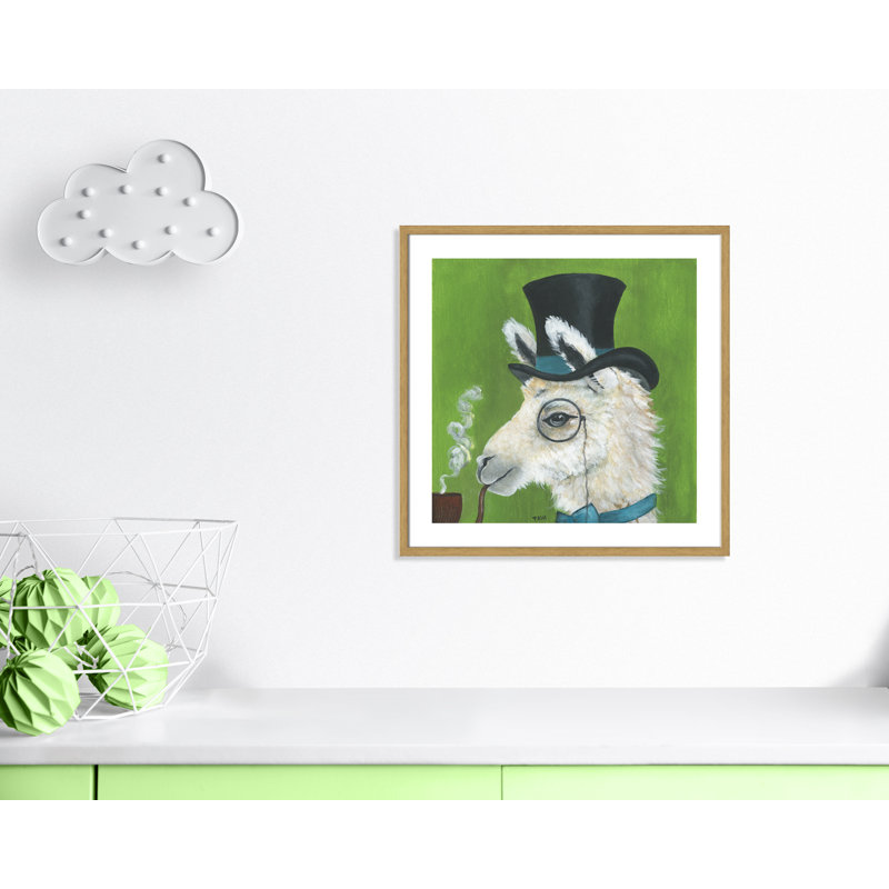 Lama et tuyau, art encadré, H 27,5 po x l 27,5 po x P 1,18 po, Cadre en chêne