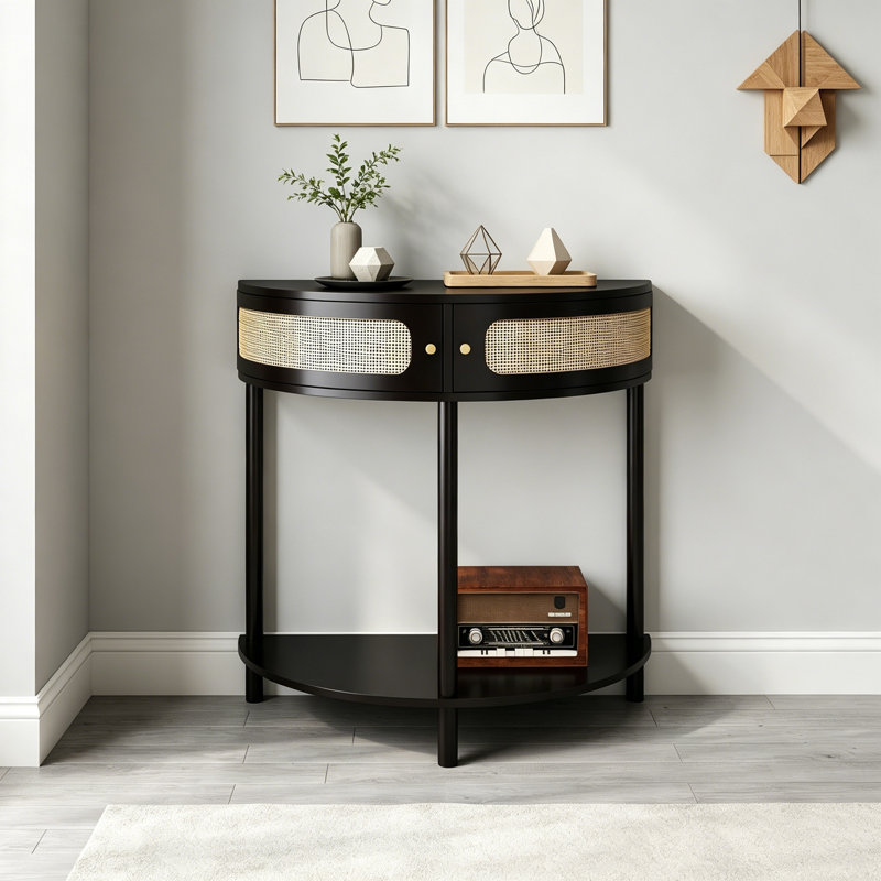 Demi-lune Intyre avec porte coulissante en rotin et tablette ouverte, Black