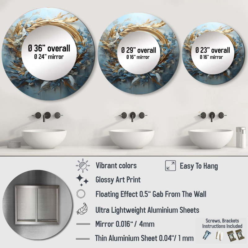 Saloni blue and gold Wreath flower - Wreath Unique Wall Mirror Decor, Traditional Large Round Mirror, Printed Metal Art