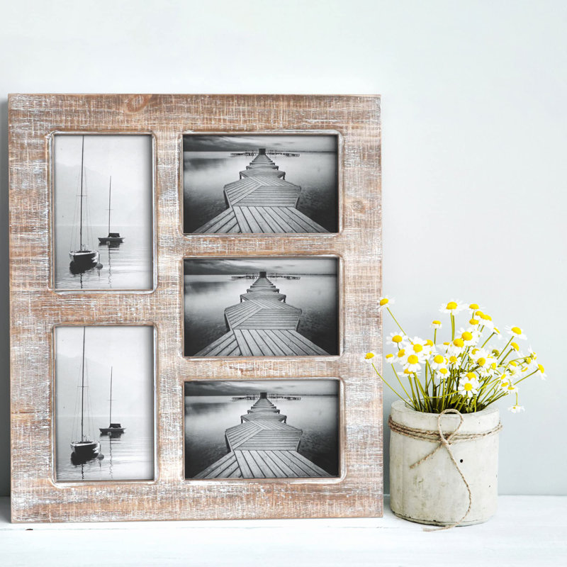 Designs 4X6 Collage Picture Frames, 5 Photo Openings For Multiple Pictures, Distressed Rustic Wood Farmhouse Frame For Wall, 15.75X13.75 (Brown)