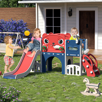 9-in-1 Toddler Slide with Climbing Ladder, Tunnel and Basketball Hoop, Indoor Outdoor Slide Set for Kids, Children's Play Equipment, Gifts for Kids Girls Boys Teen Ages 1-6 (Cute Demon)