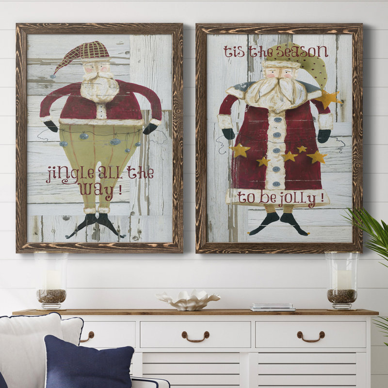 Jingle Santa - ensemble de 2 reproductions, H 44 po x l 31 po x P 1 po, Toile avec cadre en noyer, Pas de tapis