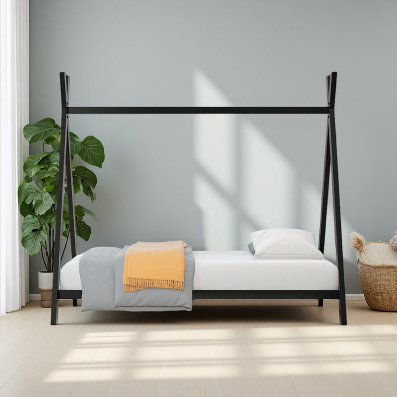 Lit de maison en métal pour lit de camp avec lit simple et lattes pour enfants, sans sommier, Noir