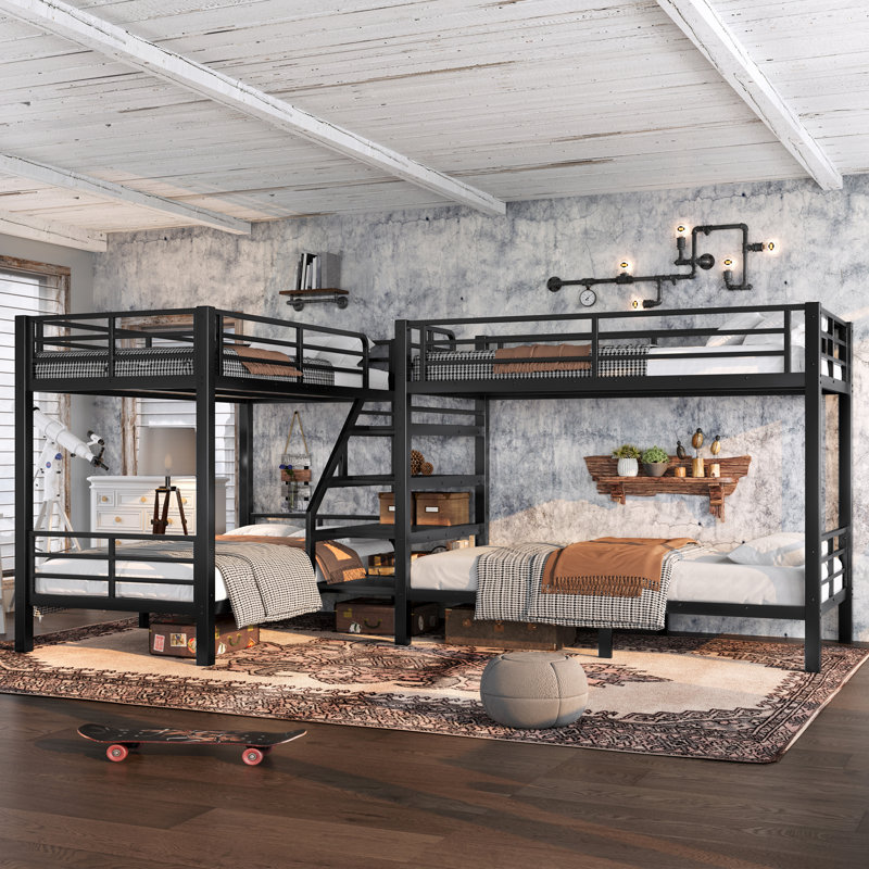 Lit simple superposé en forme de L avec tablettes de rangement et garde-corps de sécurité, peu encombrant, noir