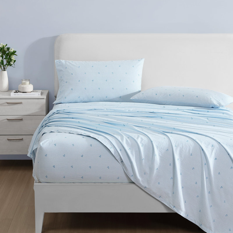 Blue Cotton Percale Queen Sheet Set with Turtle Print