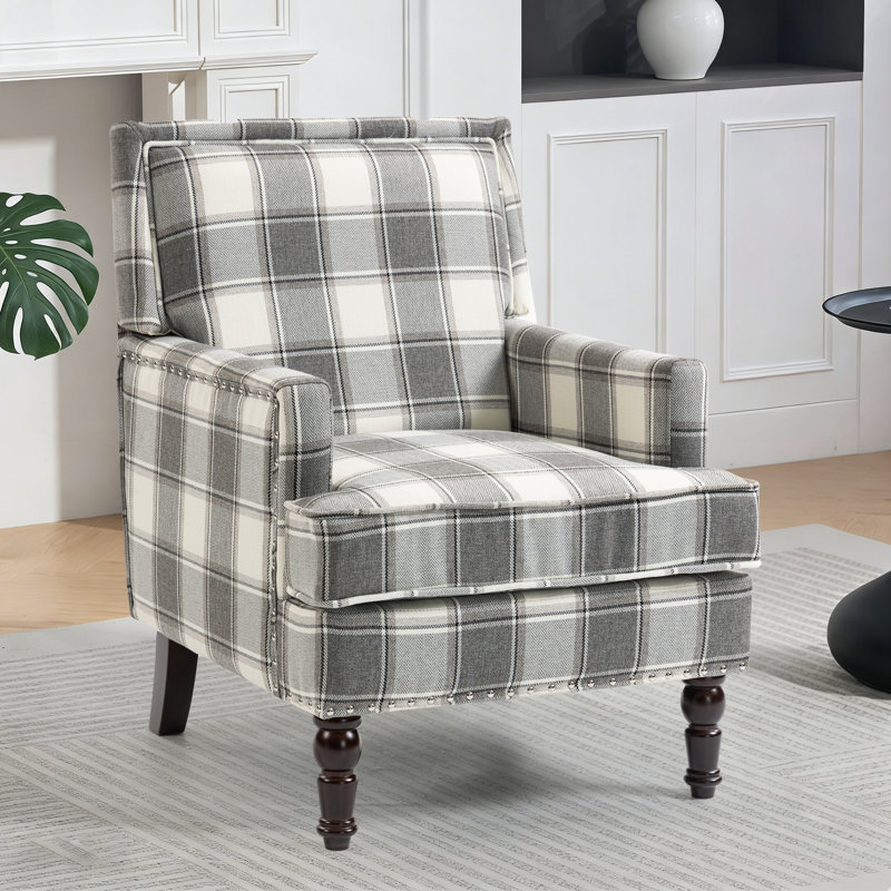 27.1'' Wide Upholstered Armchair with Solid Wood Legs, Gray Check