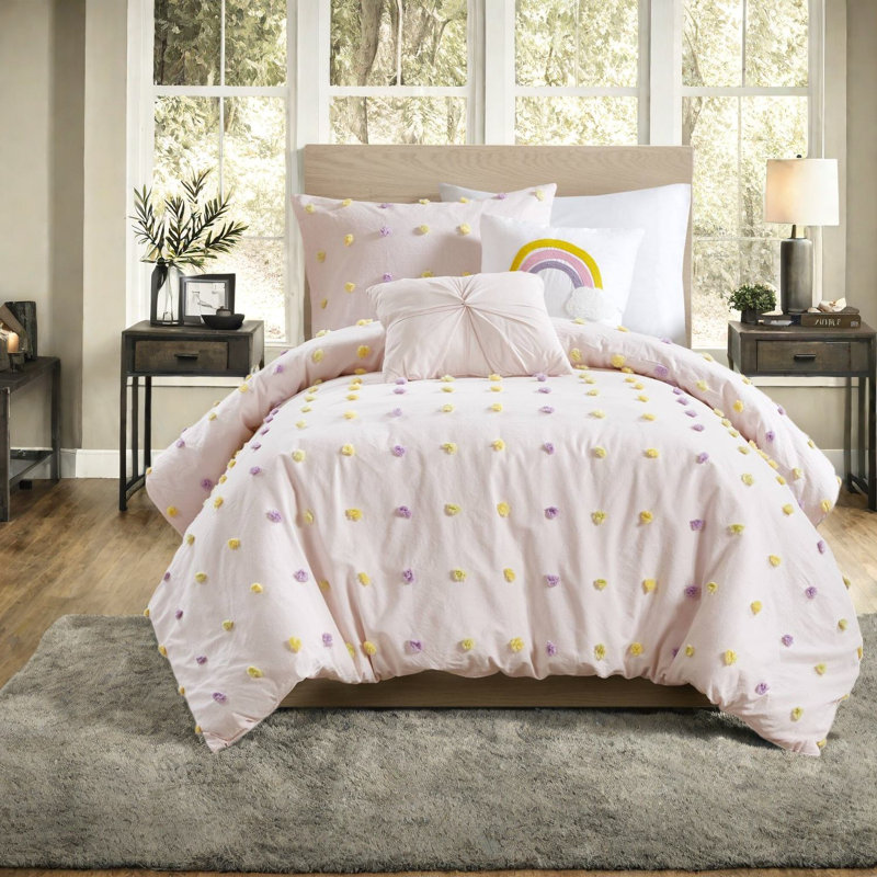 Cotton Bedding Sets, Pink Jacquard Pom Pom Style, Cozy Home Décor