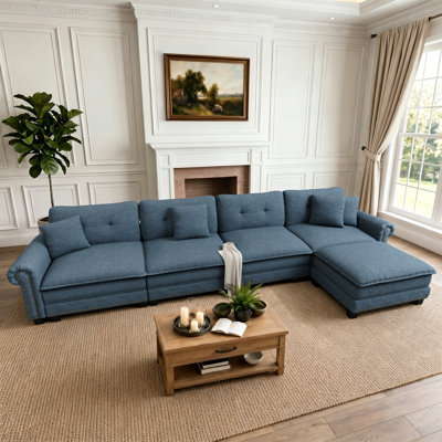 Canapé modulaire de 150 po avec repose-pieds, siège surdimensionné en L à aspect lin avec garniture cloutée 150 po