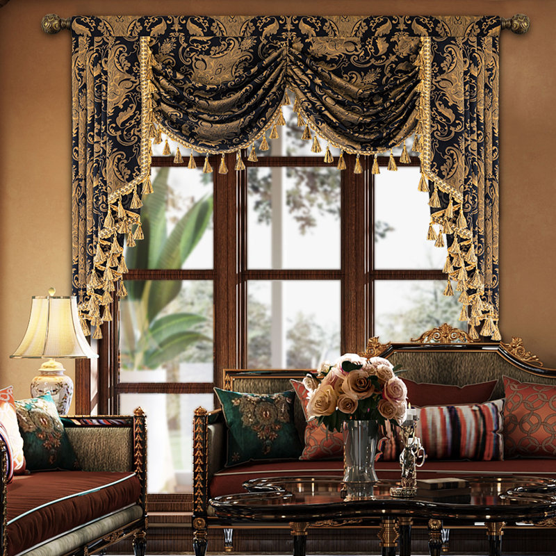 Classic Swag Valance with Tassels, Black Damask Waterfall Valance,  Window Treatment 1 Panel, 59" W x 45" L