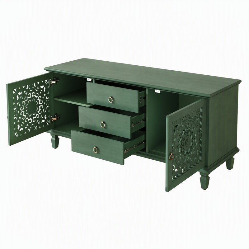 Meuble télé avec tiroirs creux sculptés Farmhouse, Vert antique
