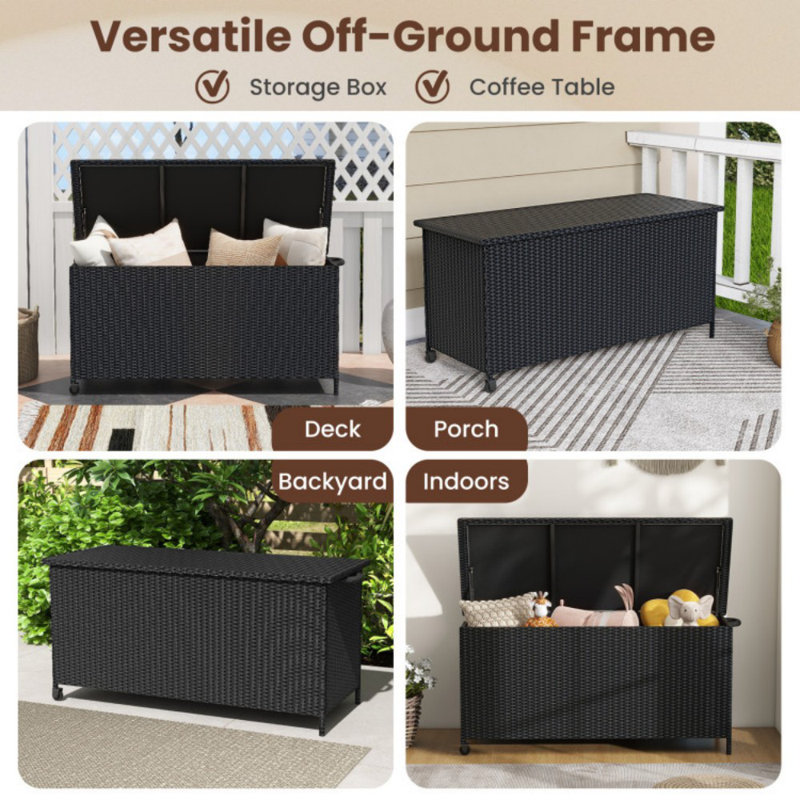 Black Wicker 85 Gallon Outdoor Deck Box with Wheels