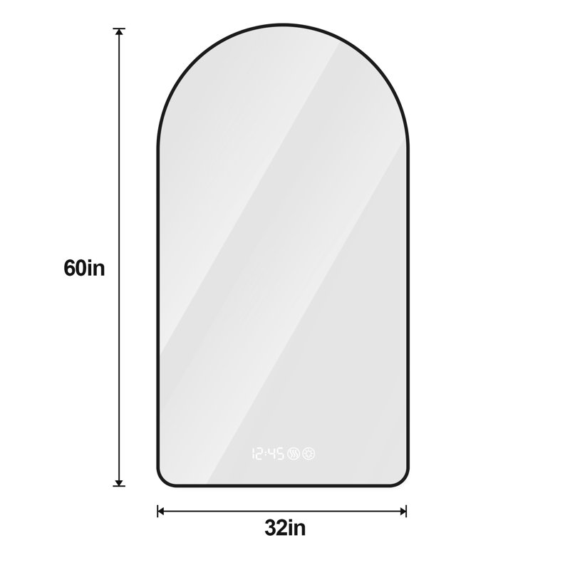 Miroir arqué noir 32 po x 60 po pour salle de bain, indicateur de temps et de température, brouillard, 3 options de couleur, rétroéclairage, fonction de style moderne, option de mode d'éclairage réglable, meuble-lavabo à cadre en aluminium