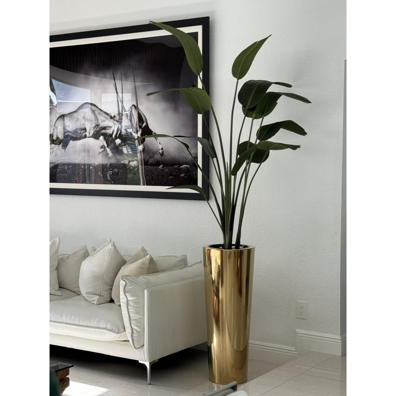 Faux pin en pot de fleurs en métal, Or, H 90 po x l 40 po x P 24 po