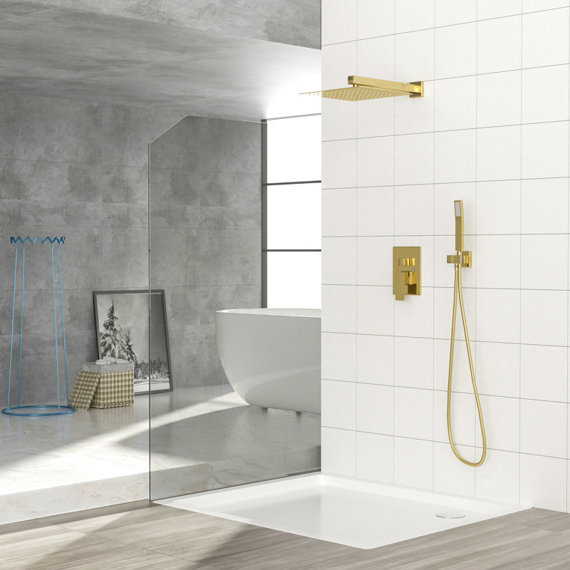 12 Inch Square Shower With Dual Gold Heads. -balanced Valve For Consistent Temperature. Rainfall Head Relaxing Time. Easy Installation And Clean. Includes Arm, Handheld, Hose, Holder, & Instruction