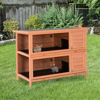 Maison pour animaux de compagnie 54 po à 2 niveaux - en bois avec portes verrouillables, toit imperméable et plateau anti-fuites pour l'extérieur intérieur, abri à lapin orange 2