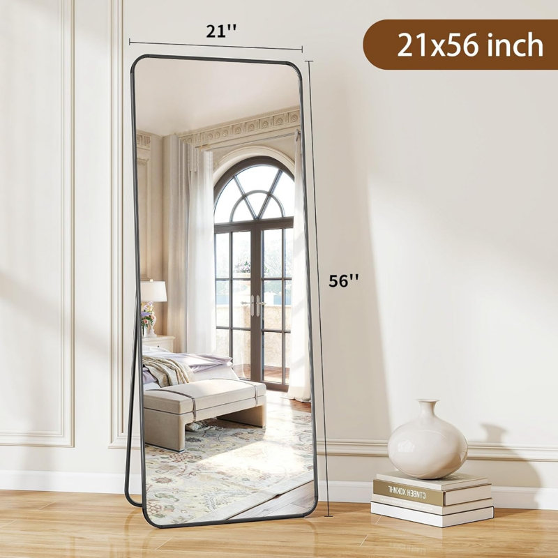 Full Length Mirror 56"X21" With Rounded Corners – Standing, Hanging, Or Leaning Floor Mirror For Bedroom, Living Room, Or Dressing Area, Aluminum Alloy Frame, Shatterproof HD Glass, Black Finish