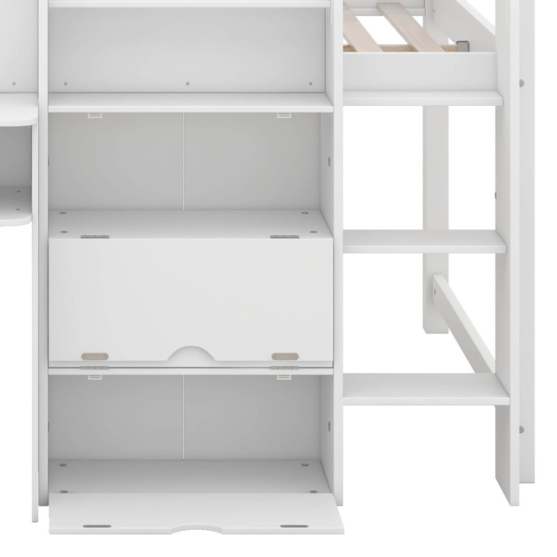 Full Size Low Loft Bed With Built-In Desk, Loft Bed With Storage Cabinets And Open Bookcase, Whiteboard For Graffiti, White