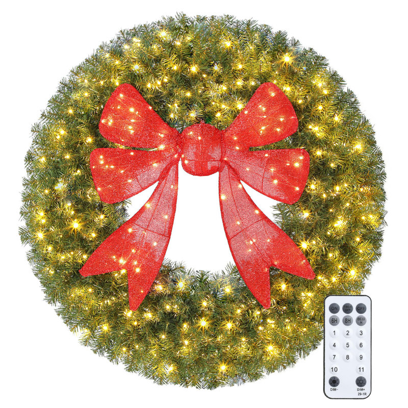 Couronne de Noël artificielle 36 po avec arc rouge 3D, 11 modes d'éclairage, couronne de Noël avec porte, 140 lumières DEL, 300 pointes pour la décoration intérieure et extérieure des Fêtes