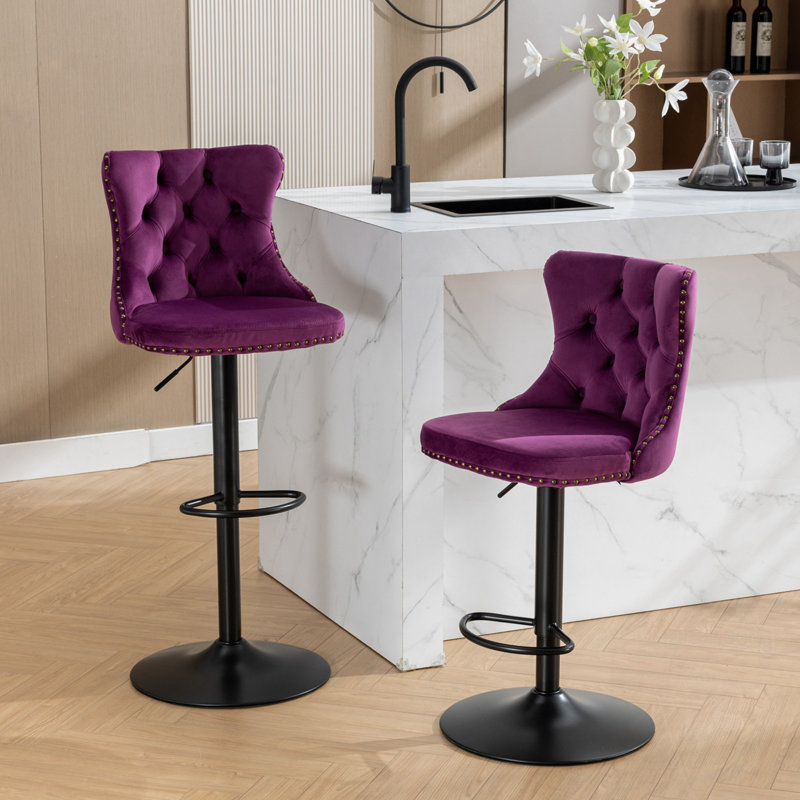 Ensemble de 2 tabourets pivotants en velours avec siège réglable, Mauve