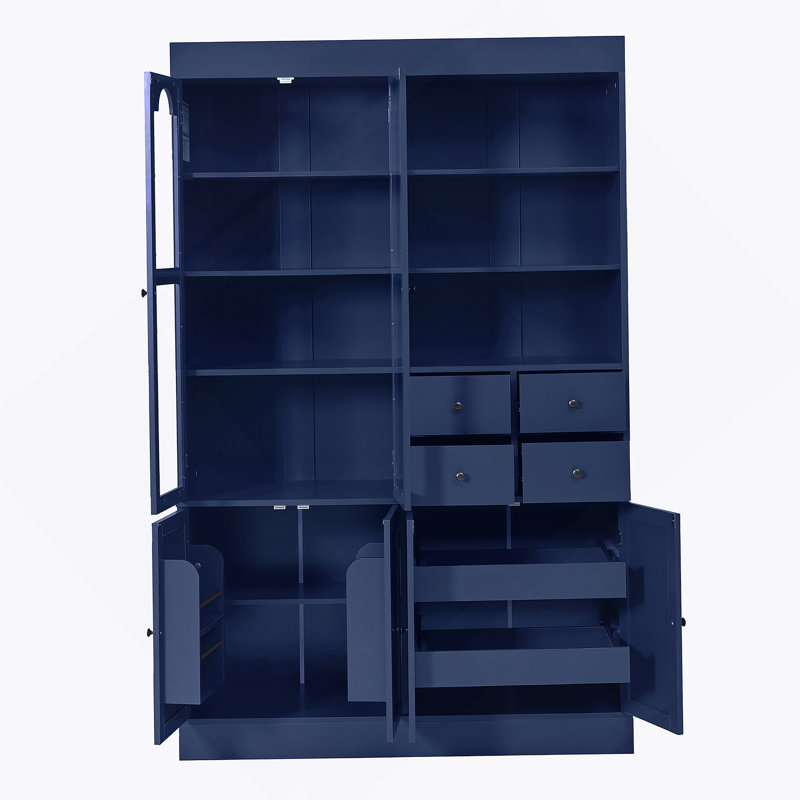 Armoire décorative, buffet autoportant, garde-manger avec tiroirs, tablettes et plateaux coulissants, Bleu