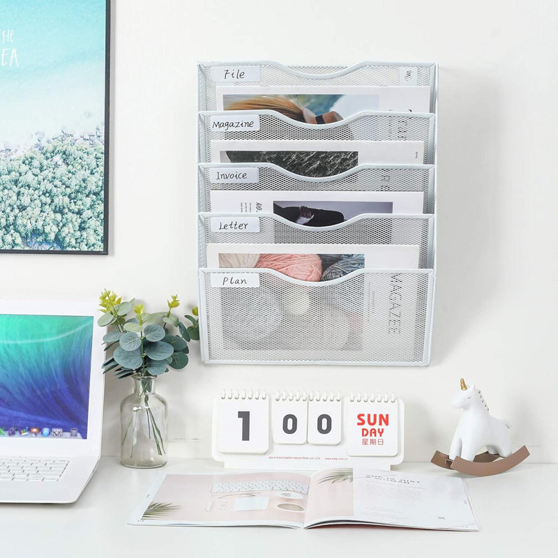 Metal Wall Organizer with Mail Storage, 17.4 cm H x 27.8 cm W x 32.5 cm D, White
