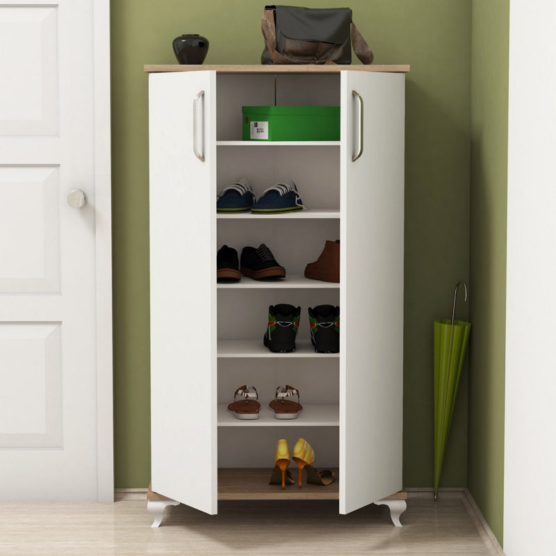Armoire à chaussures élégante avec nombreuses tablettes, noyer et blanc, 28,3 x 47,2 x 12,8 pouces | 100% panneau de particules enduit de mélamine, épaisseur: 0,7 pouce | Conception murale, parfaite pour organiser les chaussures dans n'importe quel espace