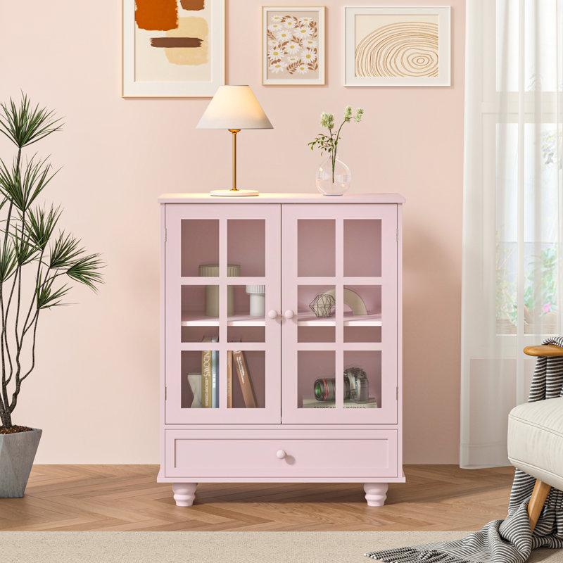 31.5" Pink Kitchen Pantry Cabinet with Glass Doors, Drawer & Adjustable Shelves, Small Food Pantry Storage Cabinet, Coffee Bar Cabinet, Buffet Cabinet for Kitchen Dining Room