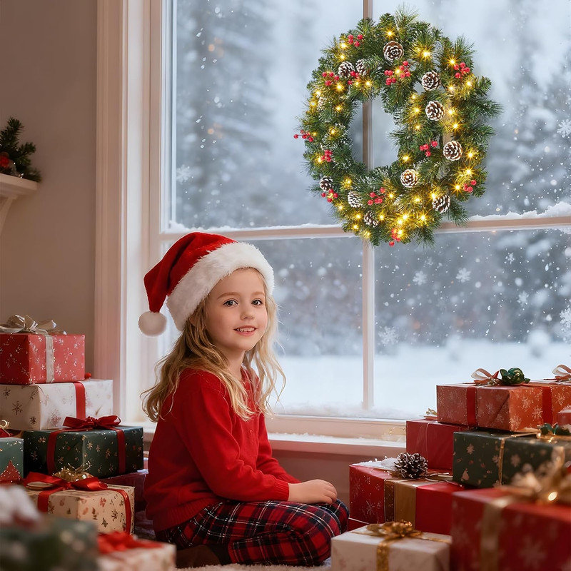 Couronne de Noël 24 po avec 50 lumières DEL, pommes de pin givrées et baies, décoration de porte à piles