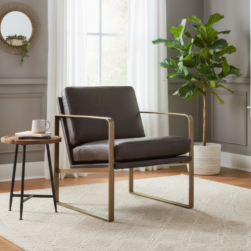 Fauteuil d'appoint Bary, coussins en cuir fleur brun foncé, métal doré