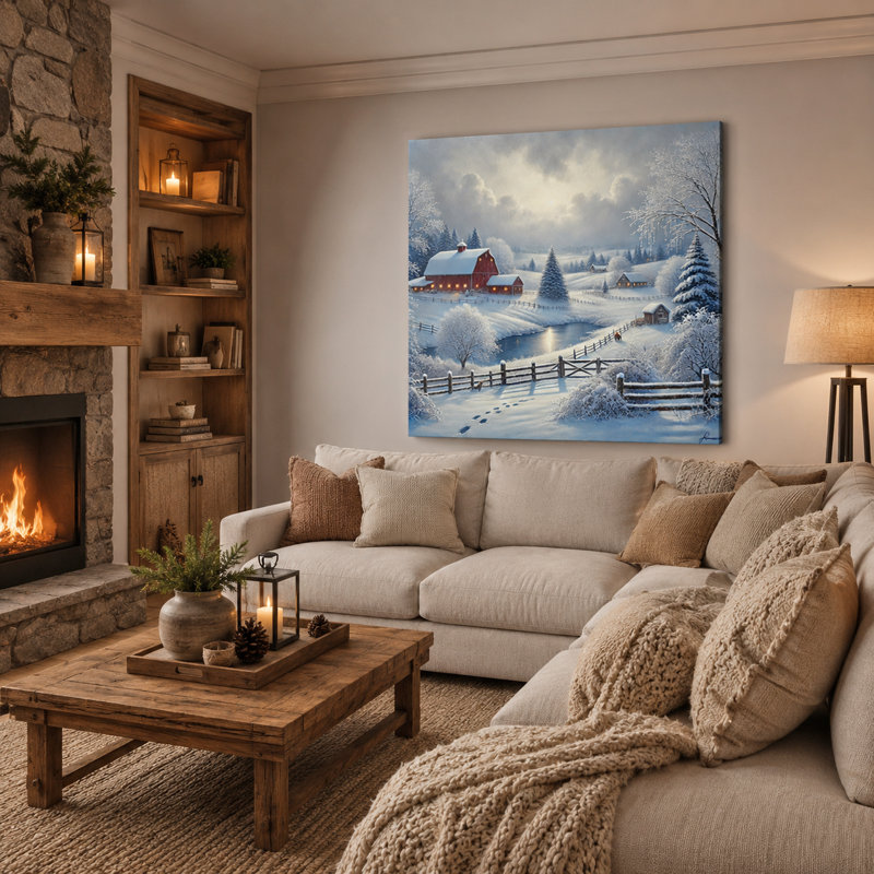 Tranquil Winter Barn: Snowy Countryside Landscape, art sur toile, H 40 po x l 40 po x P 1,5 po