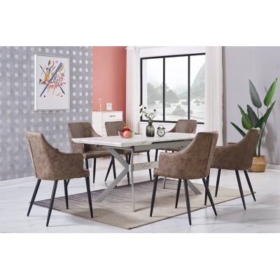 Eatonton 6 Person Dining set - a Rectangular Extendable Dining Table with Metal Legs and a Set of 6 Faux Leather Dining Chairs for Dining Room - Modern Dining Table Set