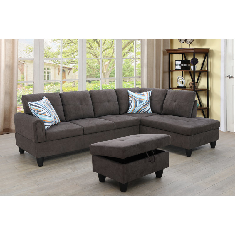 Tatman Upholstered L-Shaped Sectional, Brown Velvet, Right Hand Facing