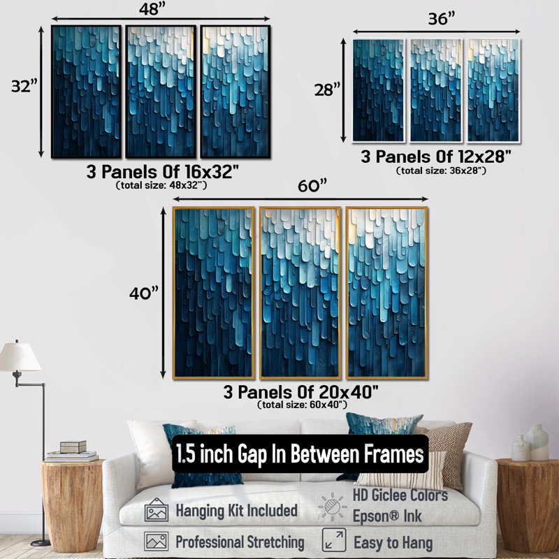 «Drip Paint» de Blue Cubic Matrix II - art mural peinture goutte à goutte - 3 panneaux, H 32 po x l 48 po, Noir