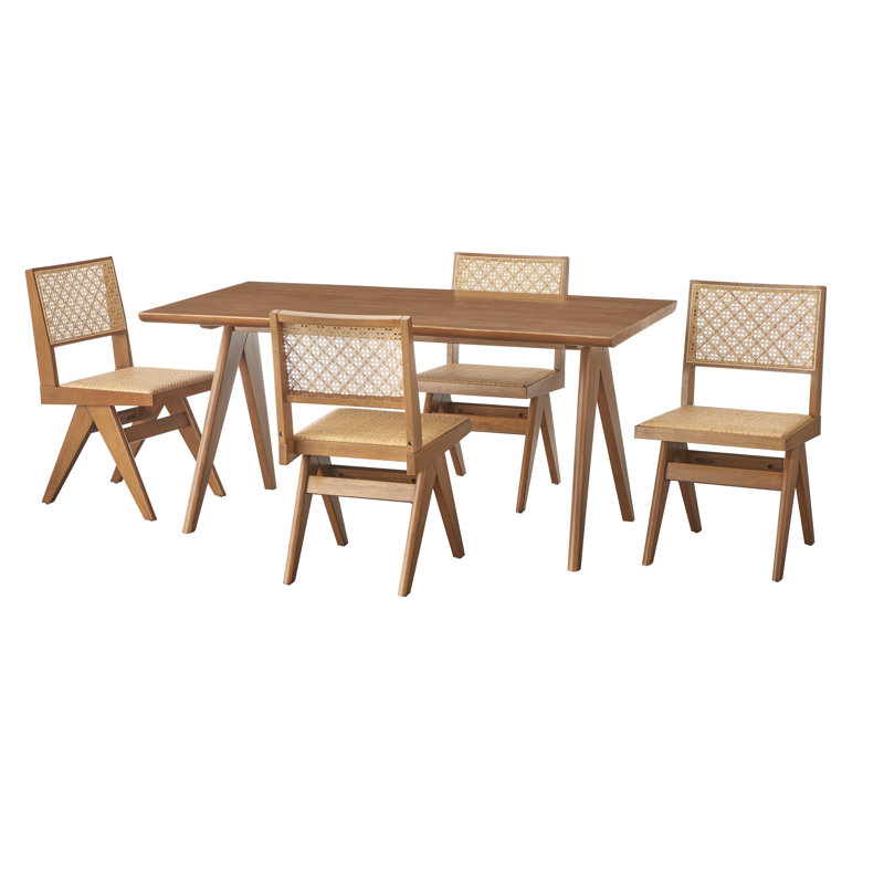 Ensemble de salle à manger 5 pièces en bois massif et rotin Condit