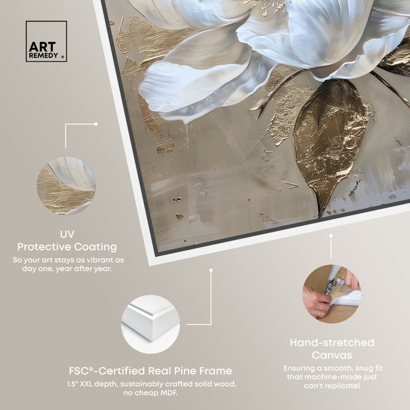 White and Gold Floral Canvas Print with Wooden Frame, 21" x 25"