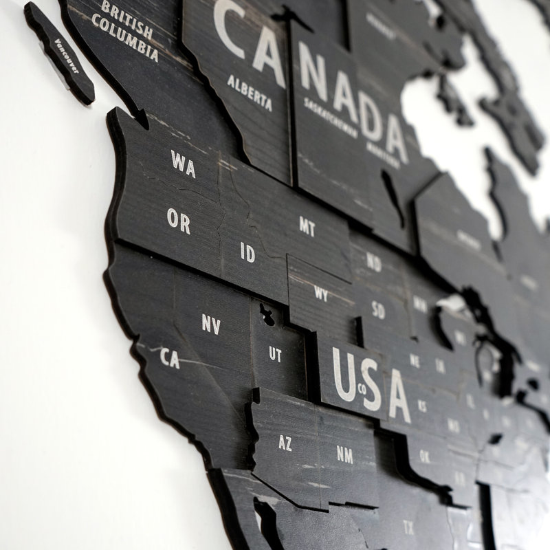Carte du monde 3D en bois, art mural - Conception multicouche faite à la main, H 41,1 po x l 78,7 po x P 1 po, Tuana
