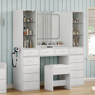 Dressing Table With 12 Drawers And 2 Large Storage Cabinets, Adjustable Glass Shelf, Glass Top, Mirror, Power Outlet, Stool Included