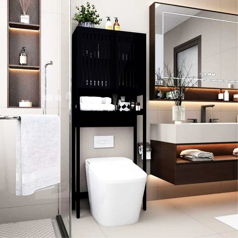 Support de rangement pour toilette pour salle de lavage, autoportant, très grande capacité, peu encombrant, beige noir gris, composants de haute qualité, tablette ouverte et deux portes à persiennes, étapes d'installation simples