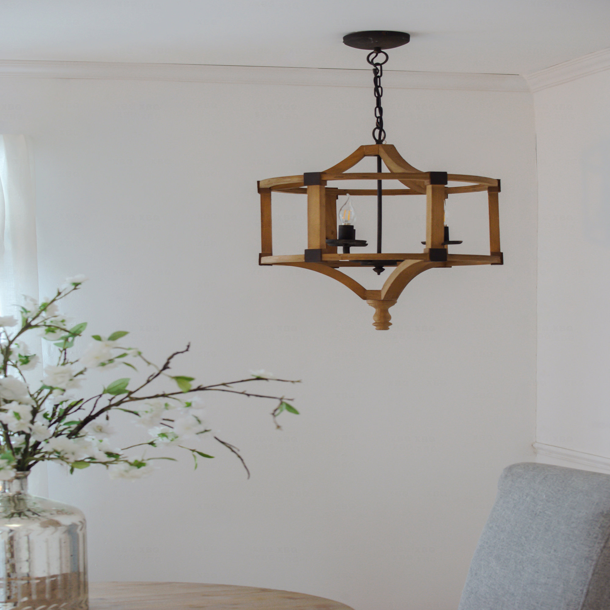 August Grove Chandelier - 3 - Light Wood Drum, Hanging Light Fixture ...