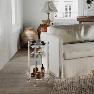 Clear Acrylic Round Bar Cart, 2-Tier Rolling Home Serving Cart With Lockable Wheels & Glass Holders, 15.7"Dx15.7"Wx31.1"H For Bar Living Room Kitchen